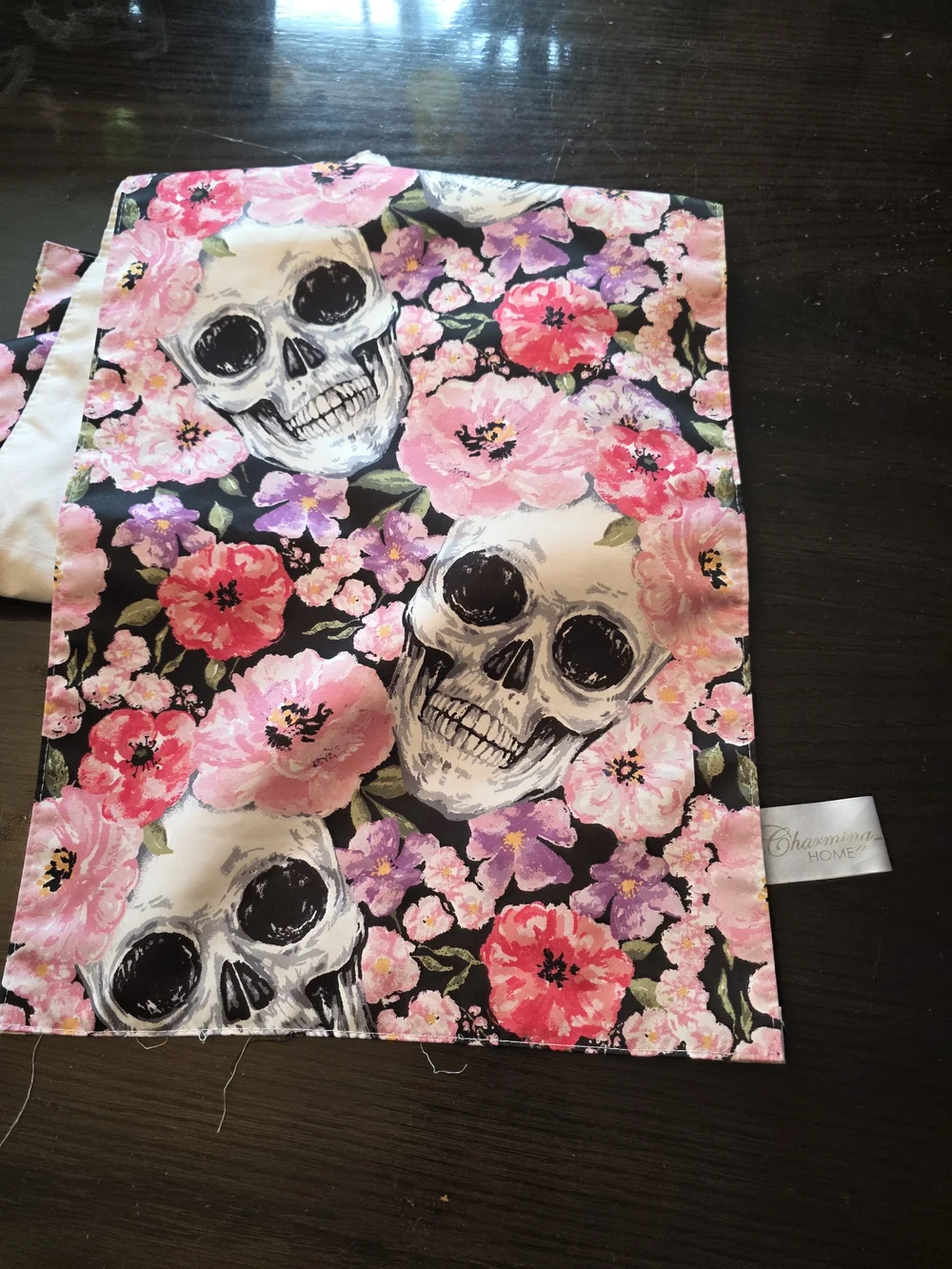 Floral Skull Table Runner in Pink and Black 70 Inches Long
